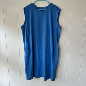 Eileen Fisher Blue Sleeveless Shift Dress Pockets Organic Cotton Blend Large